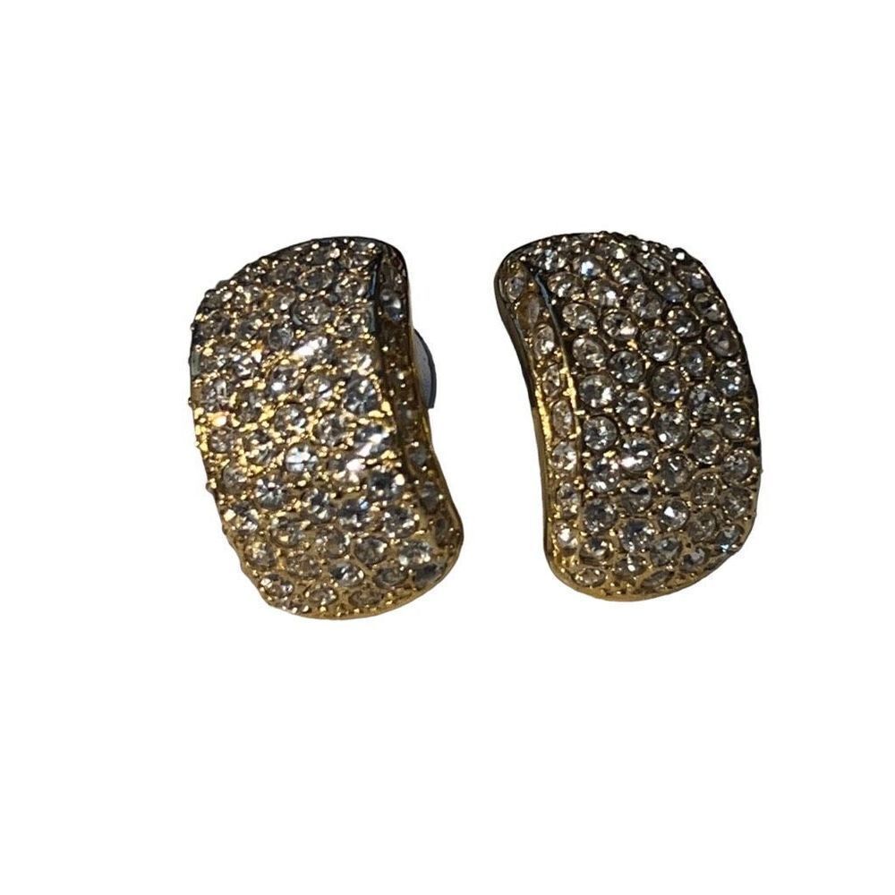 Vintage Roman Gold Plated Swarovski Paved Crystal Clip On Huggies Earrings
